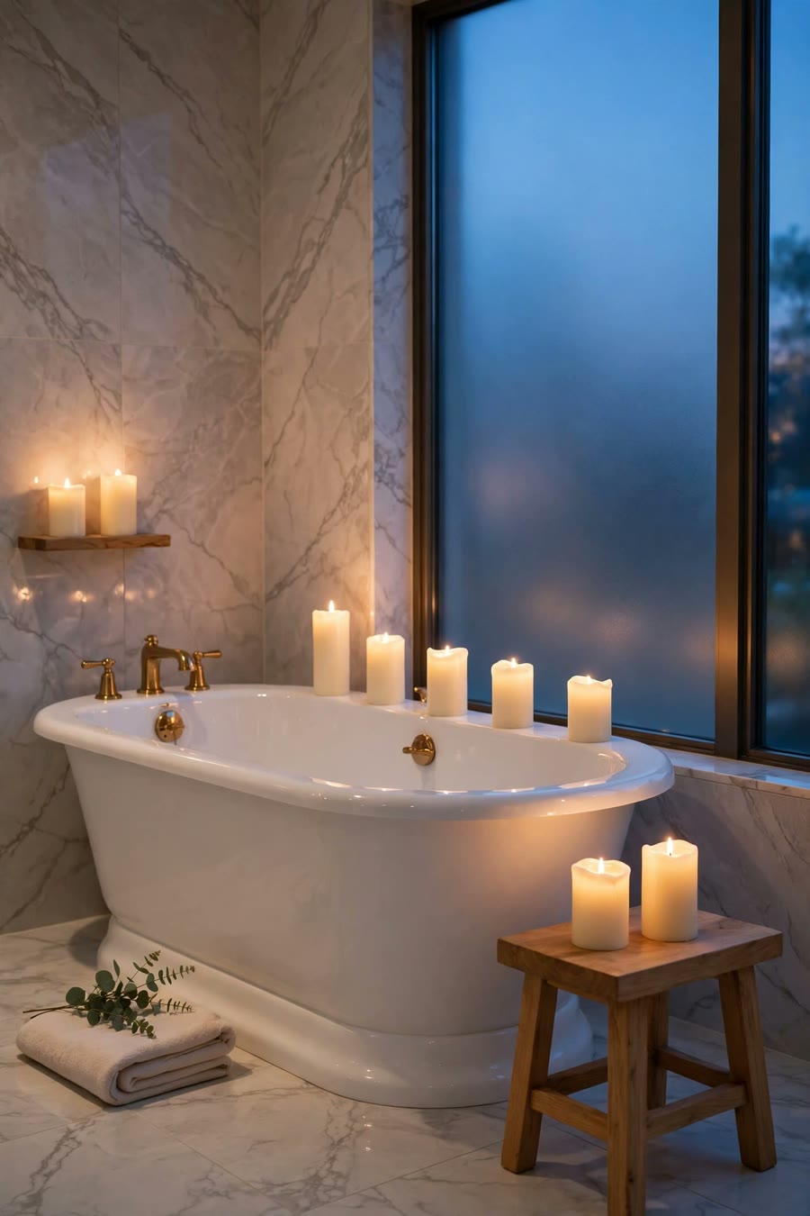 Ivory flameless pillar candles glowing around a freestanding tub
