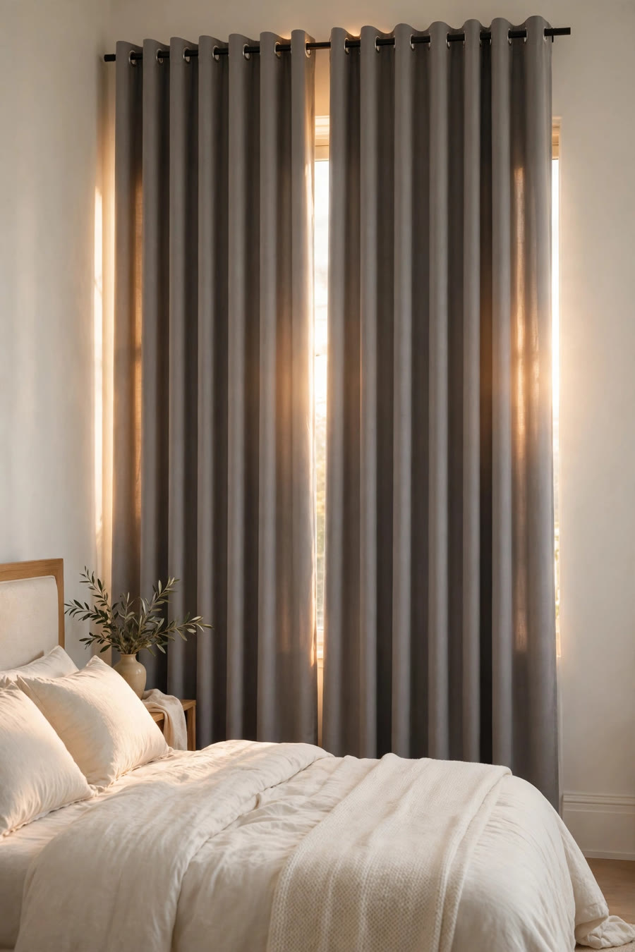 Grey blackout curtains in a serene bedroom