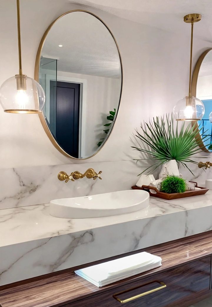 Oval brushed gold mirror in a marble bathroom