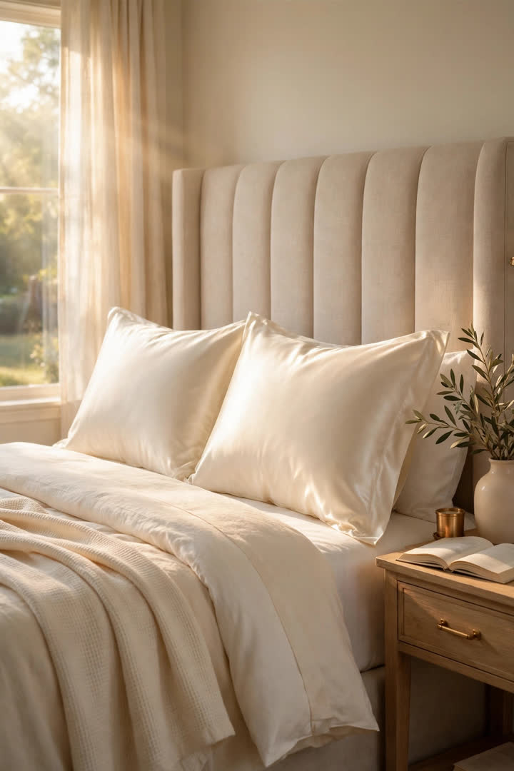 Ivory satin pillowcases on a styled bed